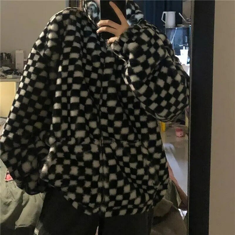 Giacche Harajuku donna Vintage Plaid Fashion Checkerboard stile gotico Streetwear All-match giacca di pelliccia Goth Outwear cappotto di pelliccia y2k