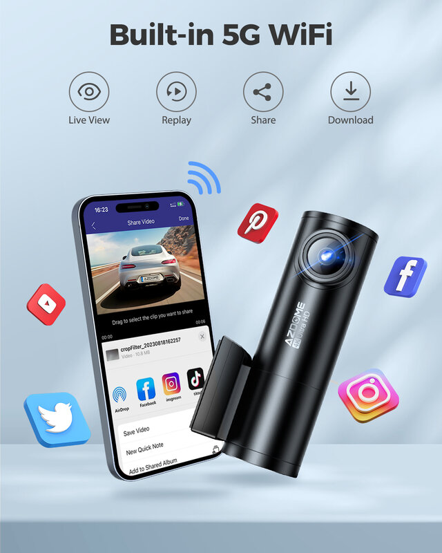 Azdome m300s 4k Dash Cam vorne und hinten, 5,8g Wifi GPS Dash Kamera für Autos, kostenlose 64GB SD-Karte, Sprach steuerung, WDR Nachtsicht