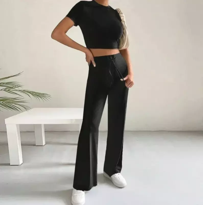 Two Piece Set for Woman Elegant Autumn New Fashion Fit Knitted Short Sleeves Top and High Waist Casual Wide Leg Pants Set YSQ34