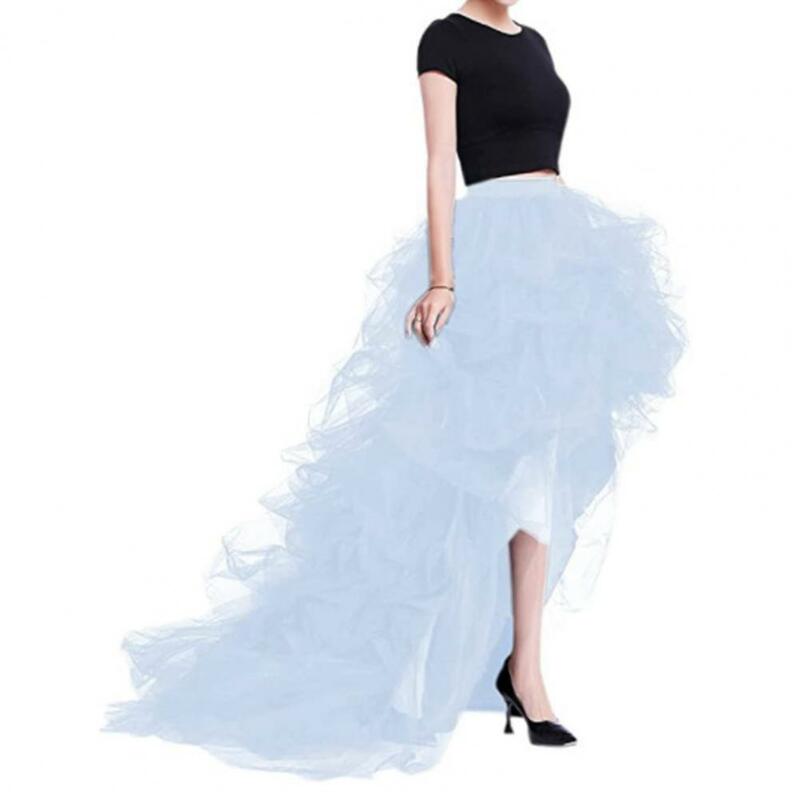 High-Waist Elastic Waistband High-Low Hem Solid Color Skirt Women Tulle Puffy Wedding Planning Gown Skirt Party Clothing