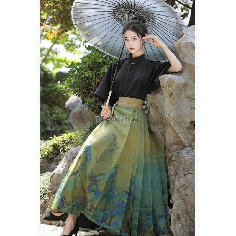 2023 vintage chinese style zen tea hanfu set solid color wide sleeves hanfu top daily fairy landscape printing horse face skirt
