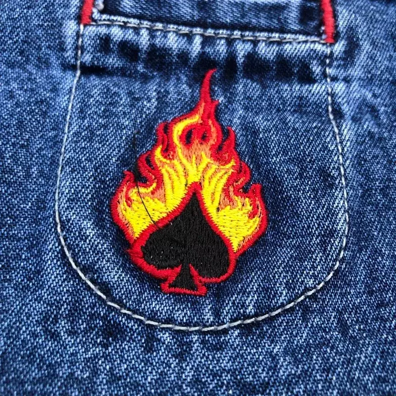 Женские джинсы JNCO Y2K в стиле Харадзюку, Готическая вышивка в виде пламени и покера, женские джинсы с широкими штанинами в стиле хип-хоп