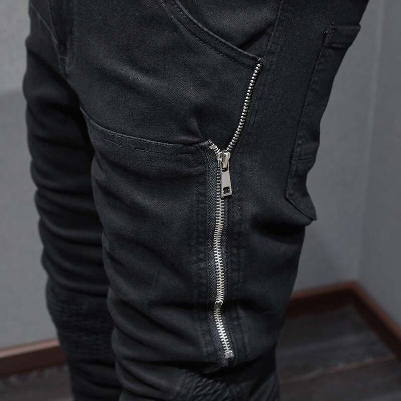 Джинсы мужские стрейчевые, модные рваные джинсы скинни, на молнии, дизайнерские брюки из денима в стиле хип-хоп, панк, черные