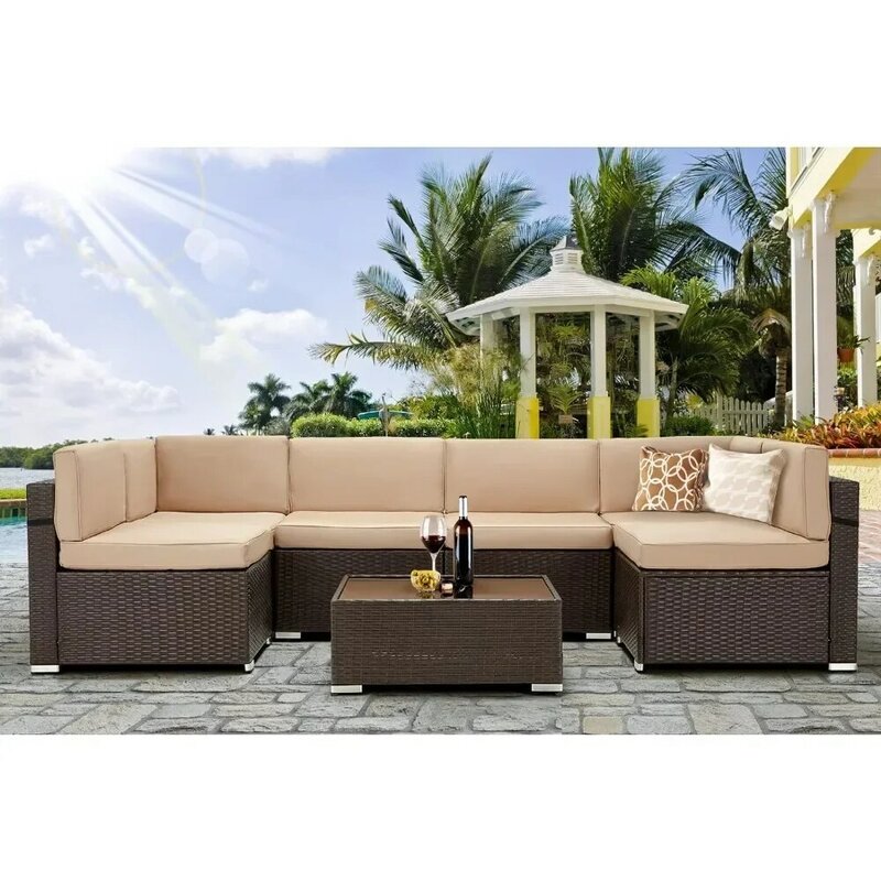 Garden Furniture 7 Piece Set, PE Rattan Wicker Outdoors Sectional Table Chair Sets with Cushions and Back, Garden Furniture Set