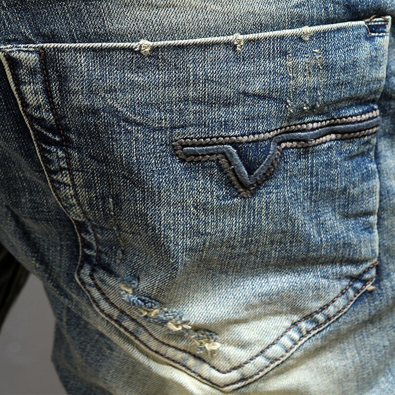 Nowo Vintage modne dżinsy męskie niebieskie w stylu Retro Stretch elastyczne Slim Fit porwane jeansy męskie połatane projektant casualowe spodnie jeansowe Hombre