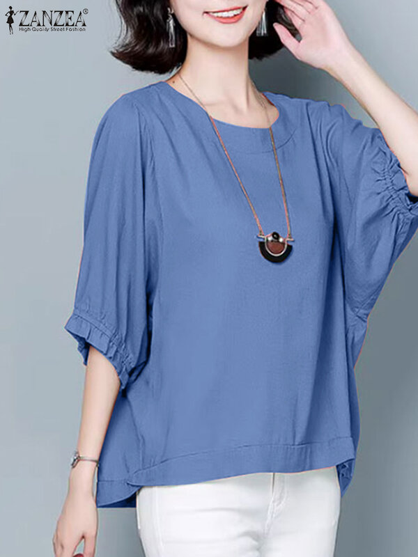 Женская элегантная летняя блузка ZANZEA, Повседневная модная однотонная Рабочая Рубашка с круглым вырезом, однотонные мешковатые топы, женская рубашка