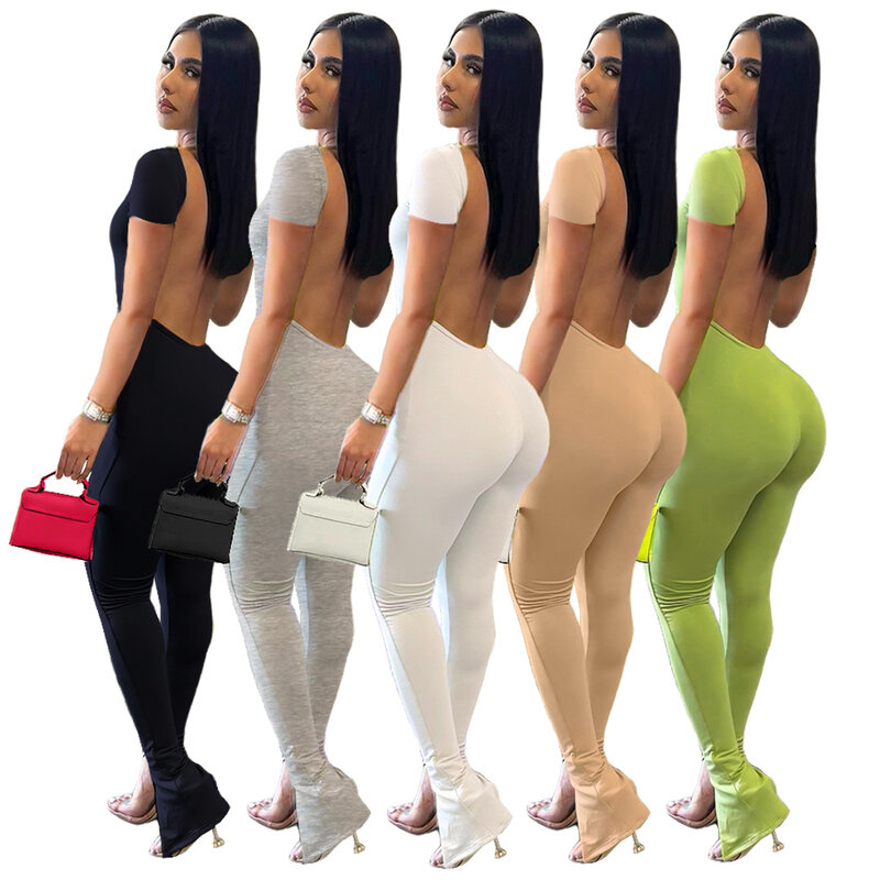Fashion New European And American Women's Nightclub Clothes Sexy Solid Color Backless Split Small Flared Jumpsuit