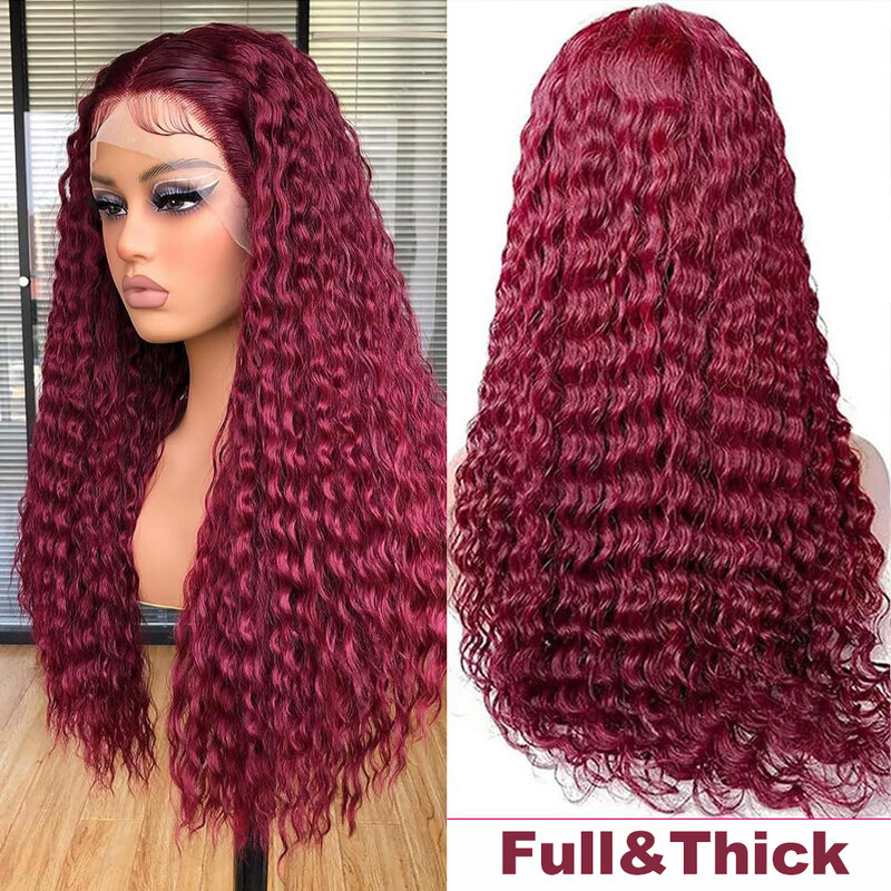 Burgundy Curly Lace Front Wig Human Hair 99J Deep Wave Brazilian Human Hair Lace Front Wigs Free Part with Baby Hair 180 Density