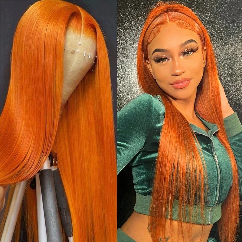 Wig rambut manusia Frontal renda lurus 13x5 oranye ramping Wig transparan renda HD rambut renda tanpa lem Remy alami