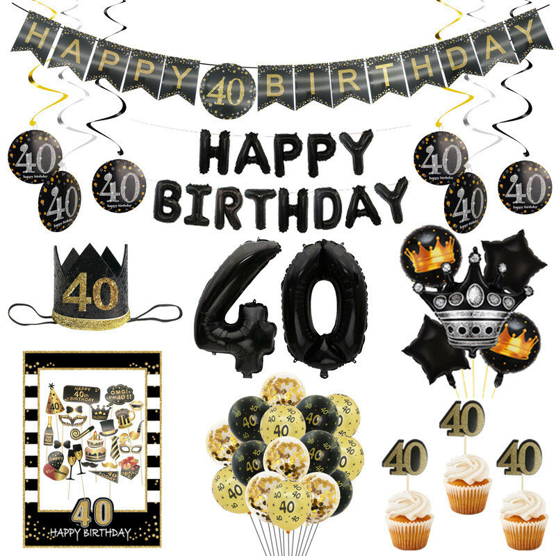Spanduk Ulang Tahun 40 Tahun, Properti Stan Foto Balon Angka Bagian Atas Cupcake Ornamen Spiral Perlengkapan Pesta Ulang Tahun Dewasa