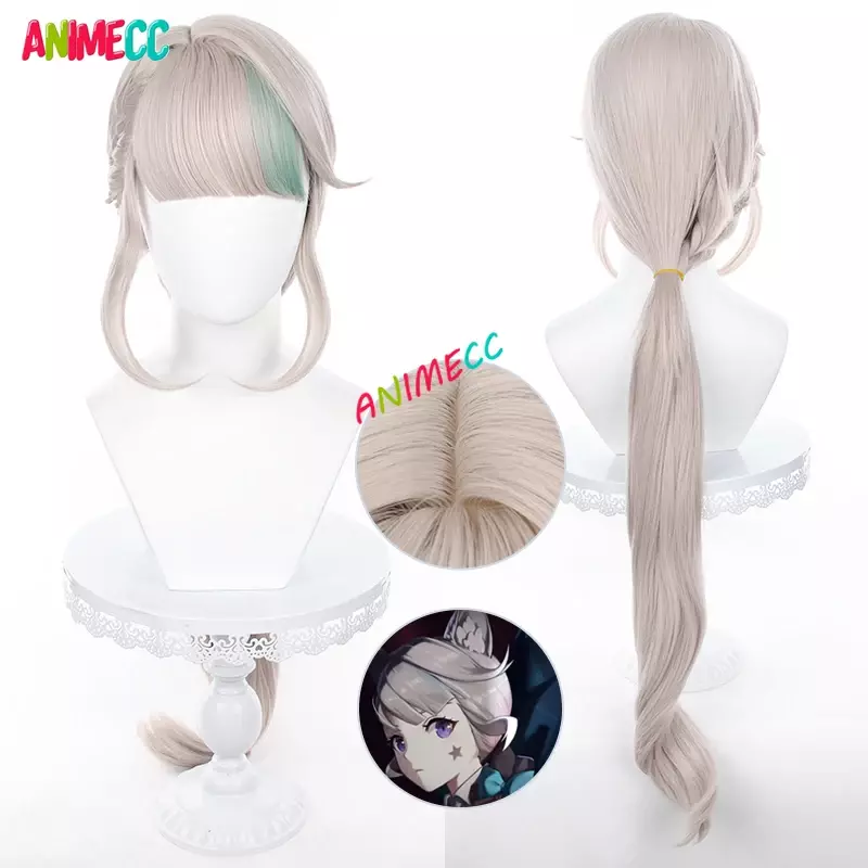 ANIMECC-Peluca de Cosplay lycra Genshin Impact Fontaine, cabello sintético resistente al calor, juego de rol de Anime, oreja + gorro de peluca, 95cm