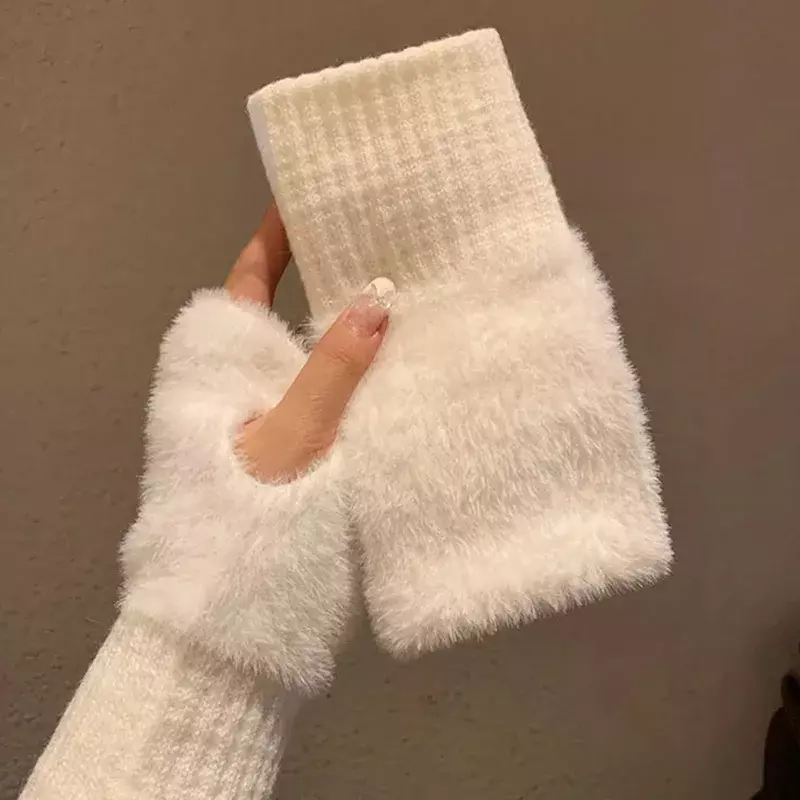 Mink Fleece Soft Winter Half Finger Gloves Women Warm Luxury Solid White Plush Knitted Fingerless Gloves Wrist Mittens Writting