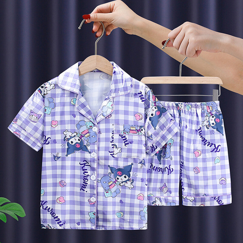 Anime Kuromi Children's Nightwear Sanrios Cinnamoroll Nightgown Milk Silk Short Sleeve Shorts Home Clothing Girls Boys Pajamas