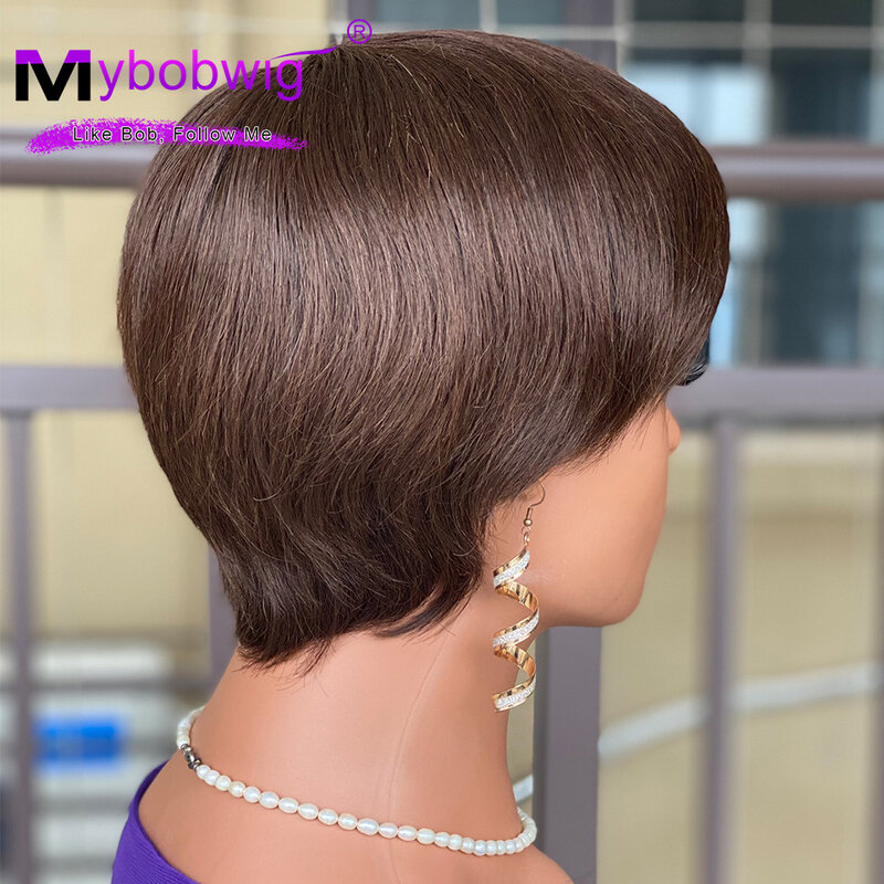 Color #2 Short Pixie Cut Wig Straight Human Hair Wigs With Bangs Brazilian Remy Hair Full Mahine Made Wigs Density 150