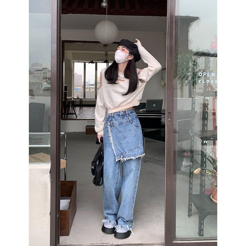 Deeptown-pantalones vaqueros holgados de retales para mujer, falda de pierna ancha Vintage coreana, Pantalones rectos de cintura alta Y2k