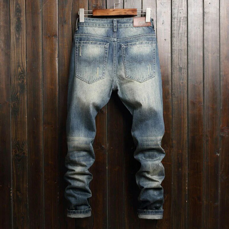 Męska dziura Retro dopasowane jeansy rurki wiosna i jesień amerykański styl główna ulica Trend mody i proste nogawki rekreacyjne