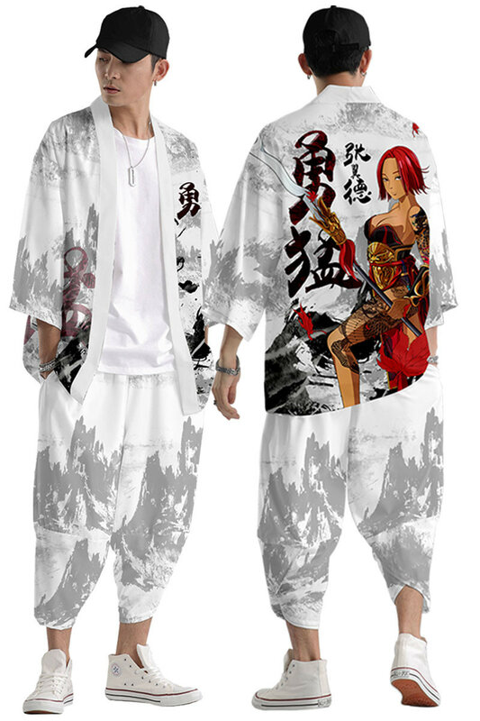 قطعتين دعوى XXS-6XL سترة فضفاضة اليابانية النساء الرجال تأثيري يوكاتا الملابس Harajuku الساموراي كيمونو السراويل مجموعات