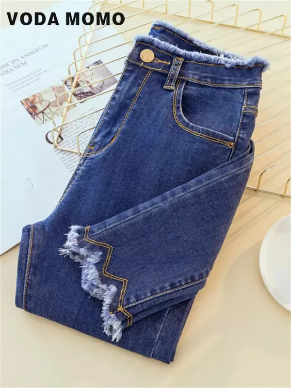 Женские повседневные облегающие джинсовые брюки до щиколотки, корейские джинсы-карандаш с высокой талией и бахромой