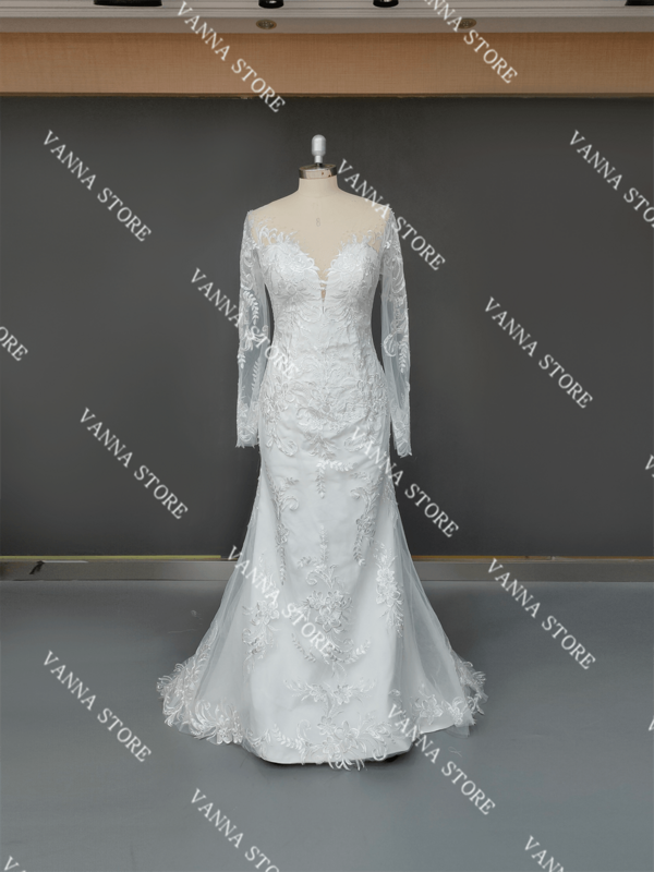Elegante weiße Applikation Spitze Meerjungfrau Hochzeits feier Kleid mit Illusion zurück V-Ausschnitt Brautkleid für Frauen Vestido de Casamento #11527