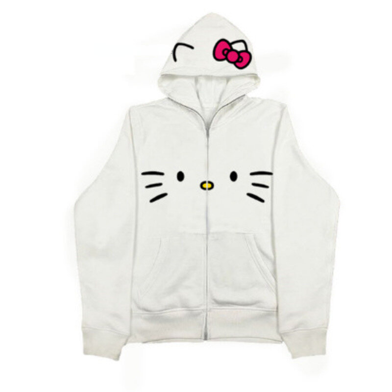 Sanrio Hello Kitty Punk ซิป Yk2มีฮู้ด, เสื้อโค้ทมีซิปรูดแนวโกธิคฮาราจูกุใหม่พิมพ์ลาย Yk2