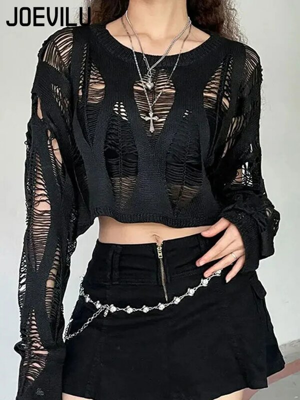 Blusa de malha oca feminina perfurado, top de manga comprida com protetor solar, suéter fino sexy preto escuro gótico, tops chiques, verão