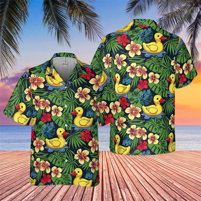 남성용 오리 프린트 꽃무늬 비치 셔츠, 여름 패션 셔츠, 하와이 휴가 캐주얼 블라우스, 유니섹스 라펠 카미사 동물
