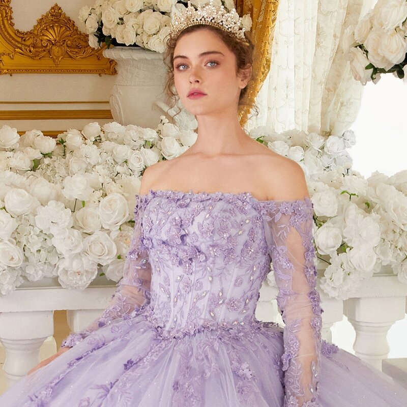 Gaun Prom ungu Quinceanrra Glitter applique renda klasik putri panjang indah elegan manis 16 gaun Vestidos