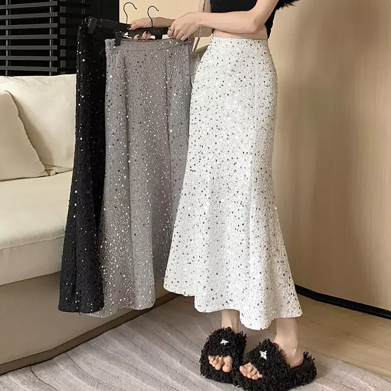 Женская юбка с блестками, облегающая юбка средней длины с высокой эластичной талией, блестящая облегающая юбка-годе, лето 2024