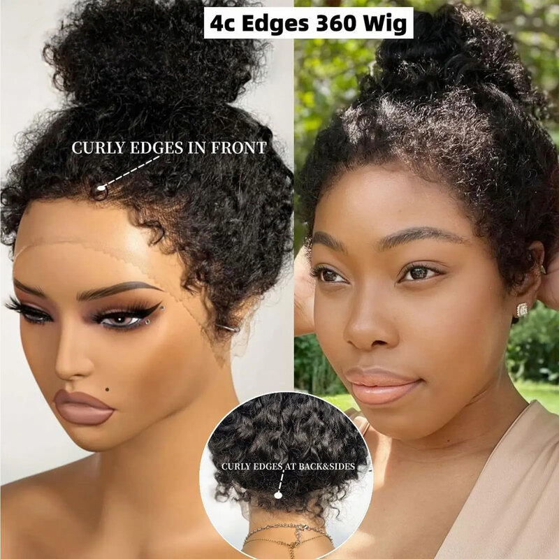 4C Realistic Hairline Kinky Curly 4x4 Transparent Lace Closure Human Hair Wigs Kinky Edges Curly Baby Hair 360 Lace Frontal Wig