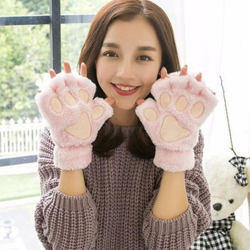 Женские Мультяшные милые искусственные мягкие теплые короткие перчатки без пальцев, пушистые перчатки в виде медведя, кота, подарок для девушек