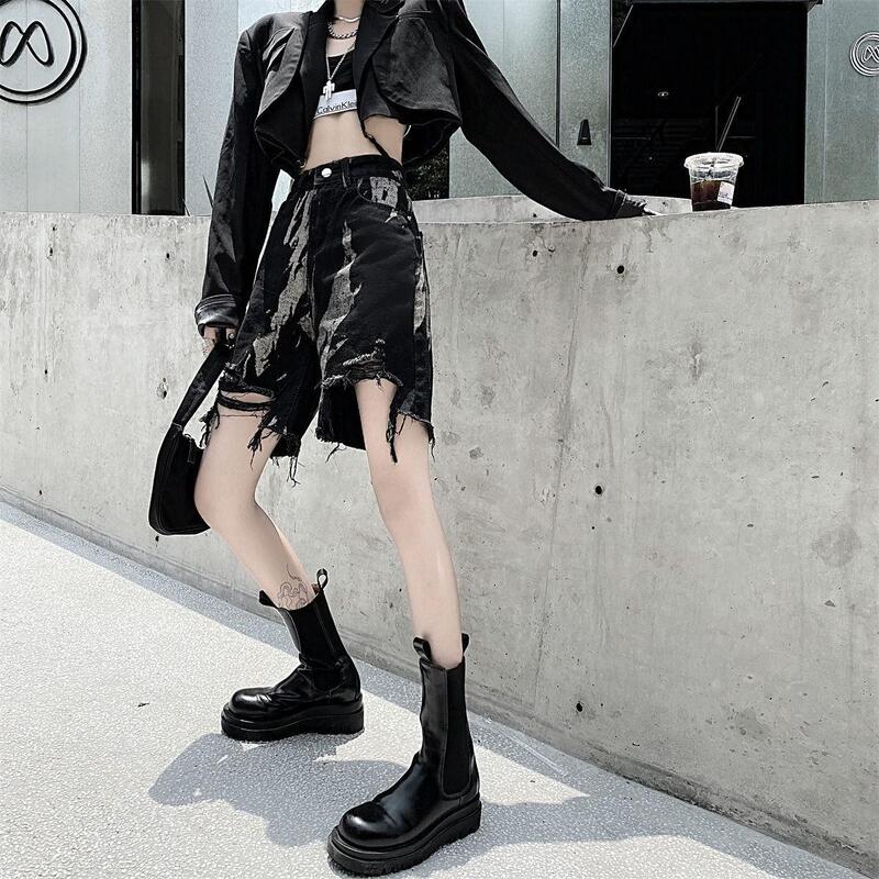 กางเกงขาสั้นผู้หญิง Denim Harajuku ฤดูร้อนสบายๆ Tie Dye หลวมแฟชั่นขากว้างพู่กระเป๋า Vintage Y2k Streetwear Cool Baggy ออกแบบ