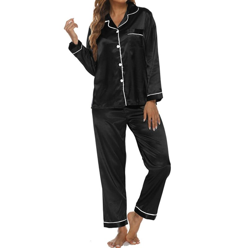 Комплект пижамный женский атласный, мягкая удобная рубашка с отложным воротником, длинная ночная рубашка, одежда для дома, однотонный комплект из двух предметов