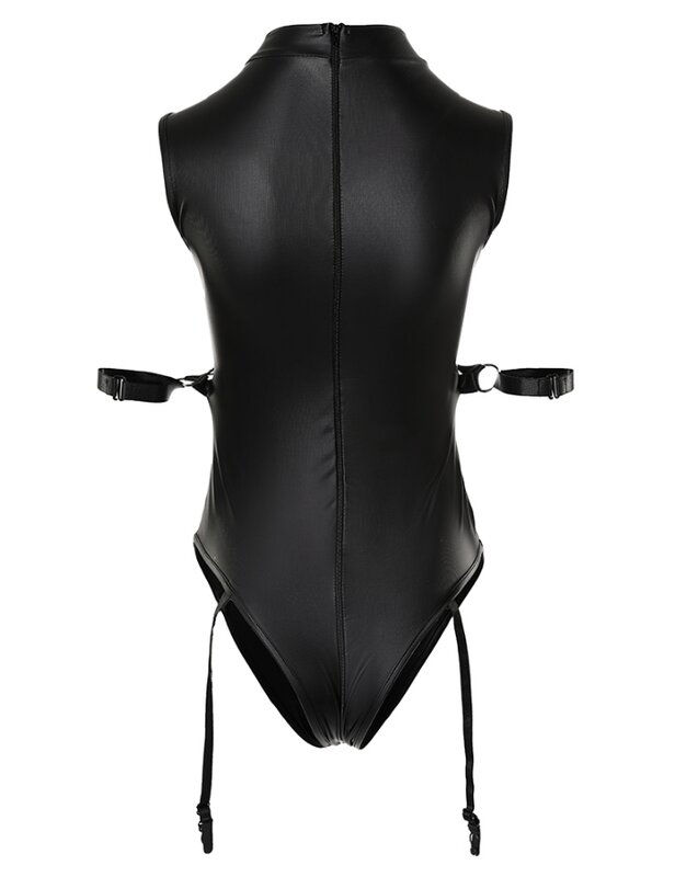 Bodysuit Bondage com recorte em O pescoço romântico para mulheres, tops crotchless, bodysuit de pelúcia magro couro PU, tanque sem mangas, sexy
