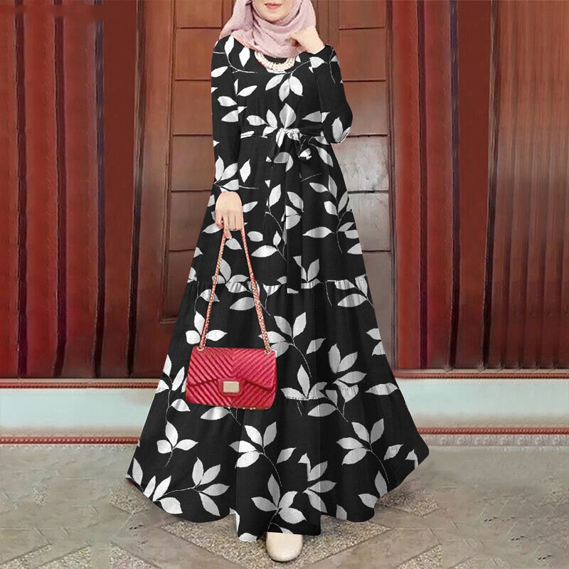 Y2K INS Long Sleeve Floral Print Retro Casual Tunic Maxi Dress Women Muslim Abaya Kaftan Long Shirt Dress