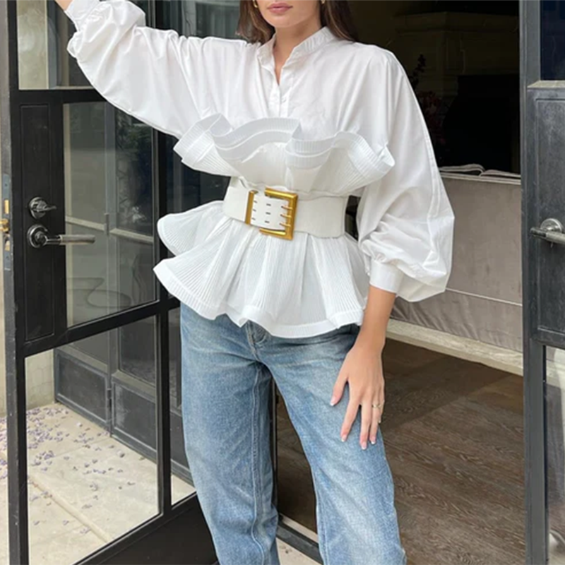 KBQ Solid Patchwork Ruffles Casual Blouses For Women Stand Collar Lantern Sleeve Spliced Belt Minimalist Tuic Blouss Female New