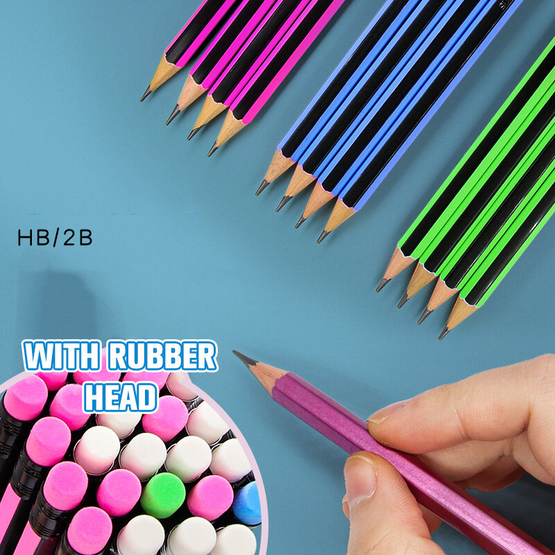 12Pcs /Lot 2B Sketching Pen for Primary School Students Hexagonal Children's HB Writing Exam with Rubber Pencil