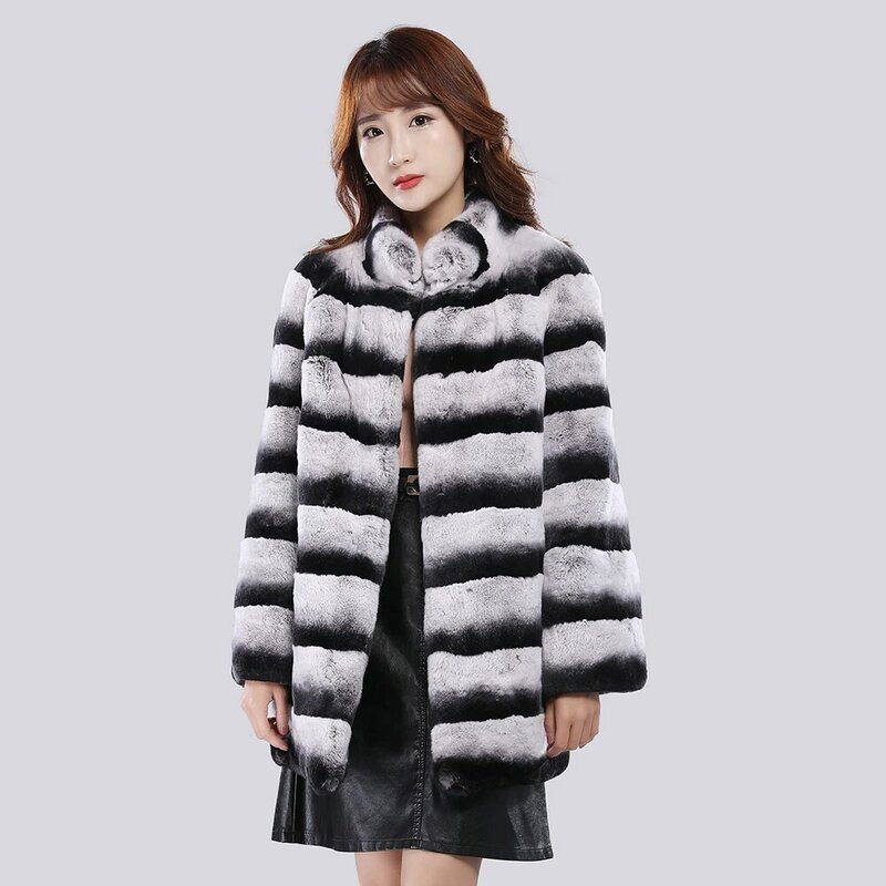 Hot Sale 2024 Winter Women New Fashion Overcoat Long Brand Real Rex Rabbit Fur Coat Female Coat Genuine Rex Rabbit Fur Coat