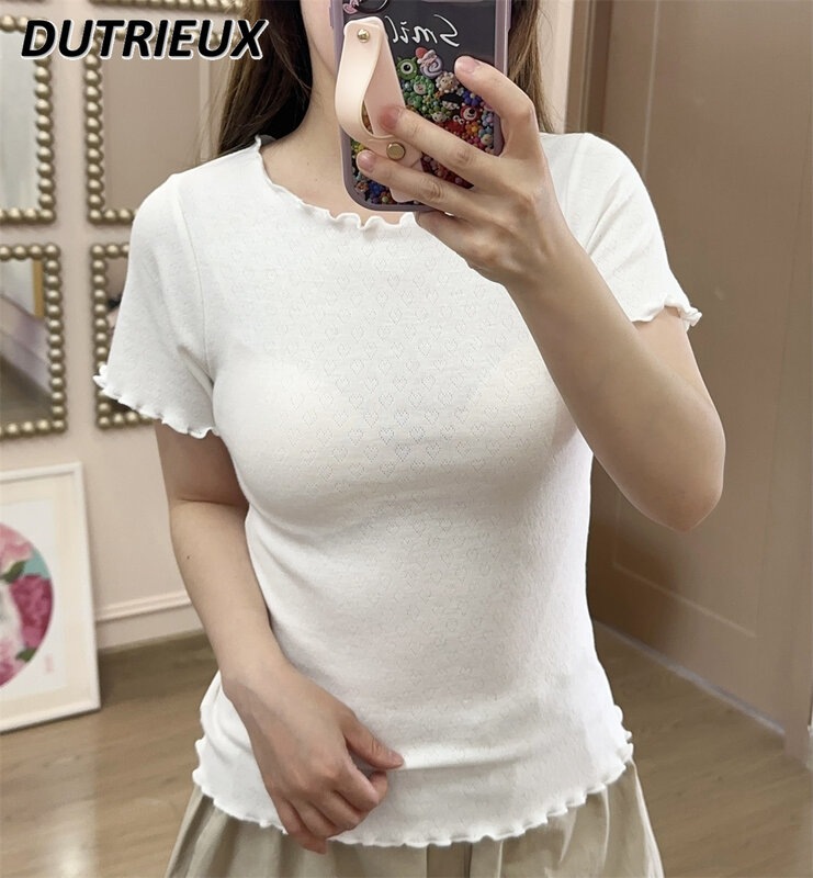Summer Thin Crew Neck Bottoming Shirt Short Sleeve Slim Fit Inner Wear Ruffled Top Sweet Cute Girls Solid Color T-shirt