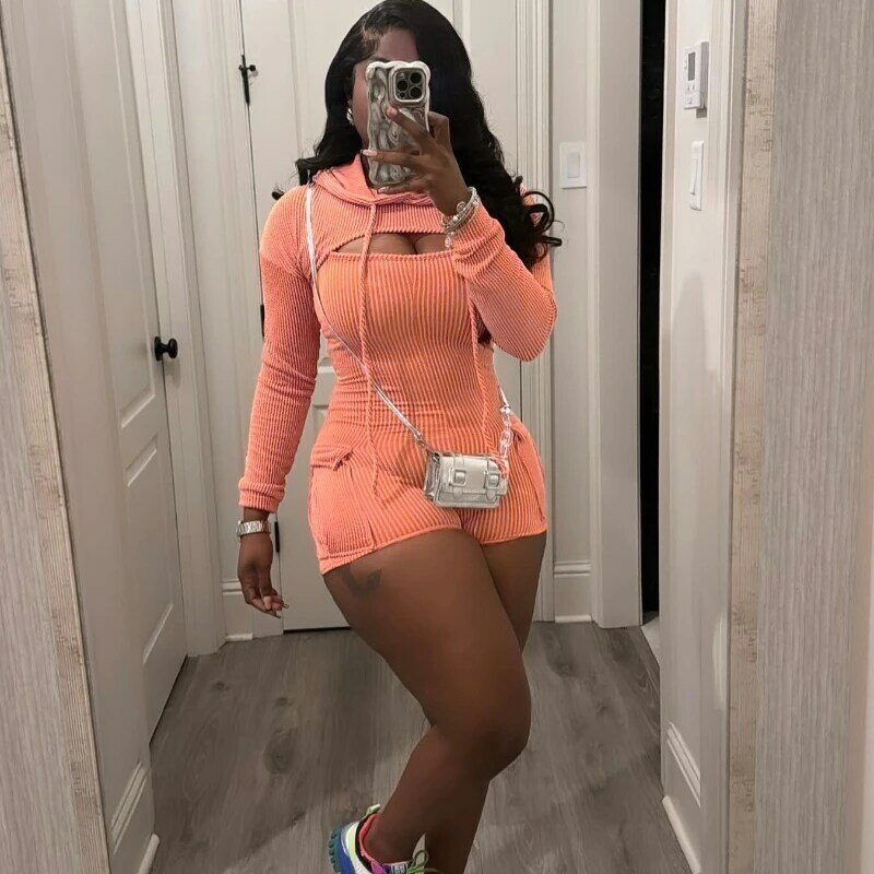 Women Solid Ribbed Two Piece Set Long Sleeve Hooded Cape + Pockets Spaghetti Straps Playsuits Fashion Stretch Streetwear Suits