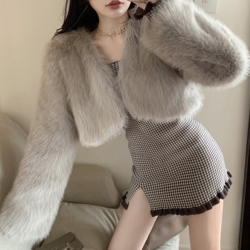 Корейский модный меховой кардиган для девушек, короткий вырез, свободные зимние теплые пальто с длинными рукавами, горячая Распродажа, искусственный мех, однотонная искусственная кожа