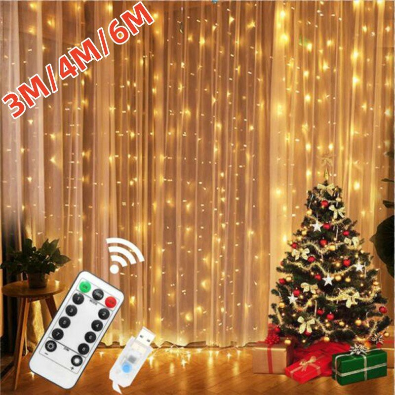 Guirnalda de cortina LED en la ventana, luces de hadas de festón USB con control remoto, guirnalda de Año Nuevo, decoración de Navidad, 3M, 4M, 6M