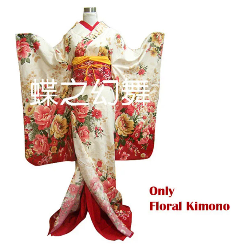 كيمونو فوريسودي ياباني تقليدي زهري للنساء ، يوكاتا طويل ، زي تنكري