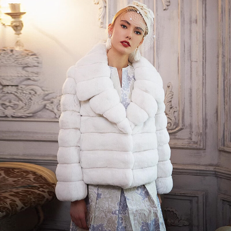 Womens Jacket Chinchilla Rex Rabbit Fur Coat Natural Fur Coat With Lapel Best Selling Short Coat For Women