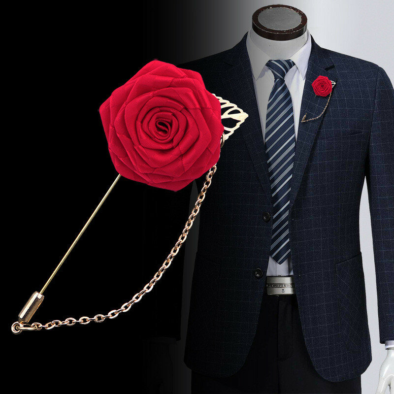 Men Brooch Lapel Pins Flower Wedding Suit Accessories Ribbon Hand-made Rose Boutonniere for Women Dress Male Suit Accessories