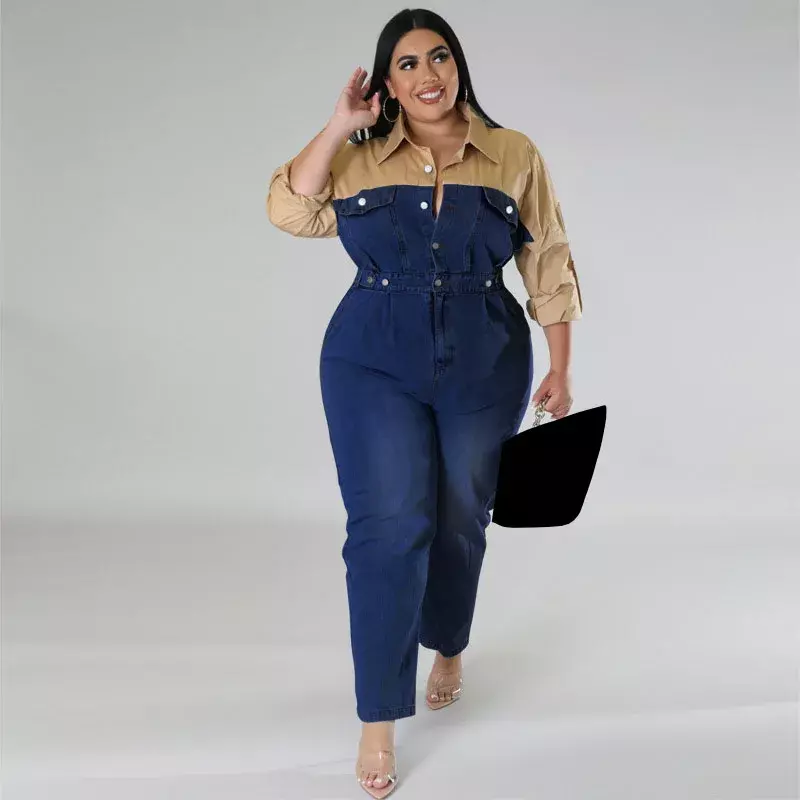 WUHE Patchwork Denim Jumpsuit Plus Size Women Long Sleeve Elegant Packets One Piece Overall Jeans Romper Casual Street Outfit