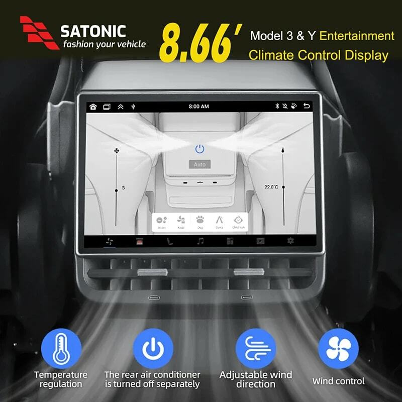 SATONIC-Pantalla de entretenimiento trasera para Tesla Model 3 Y 64G, dispositivo con Android 12, 8,66 pulgadas, Wireles, Carplay, Auto