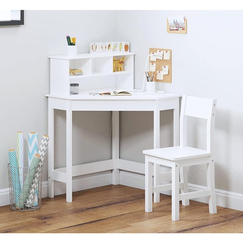 مكتب دراسة خشبي مع كرسي للأطفال ، طاولة أطفال ، مكتب كتابة ، تخزين وقفص ، منزل ، مدرسة ، أبيض
