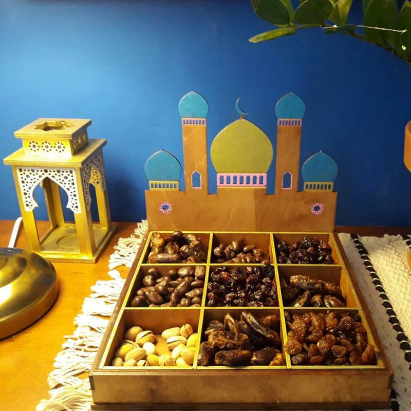 Drewniana taca deserowa Eid deserowa do przechowywania owoców stołowa 9-siatkowa dekoracja do sztuka i rzemiosło domowej Eid dekoracje na prezenty jedzenie