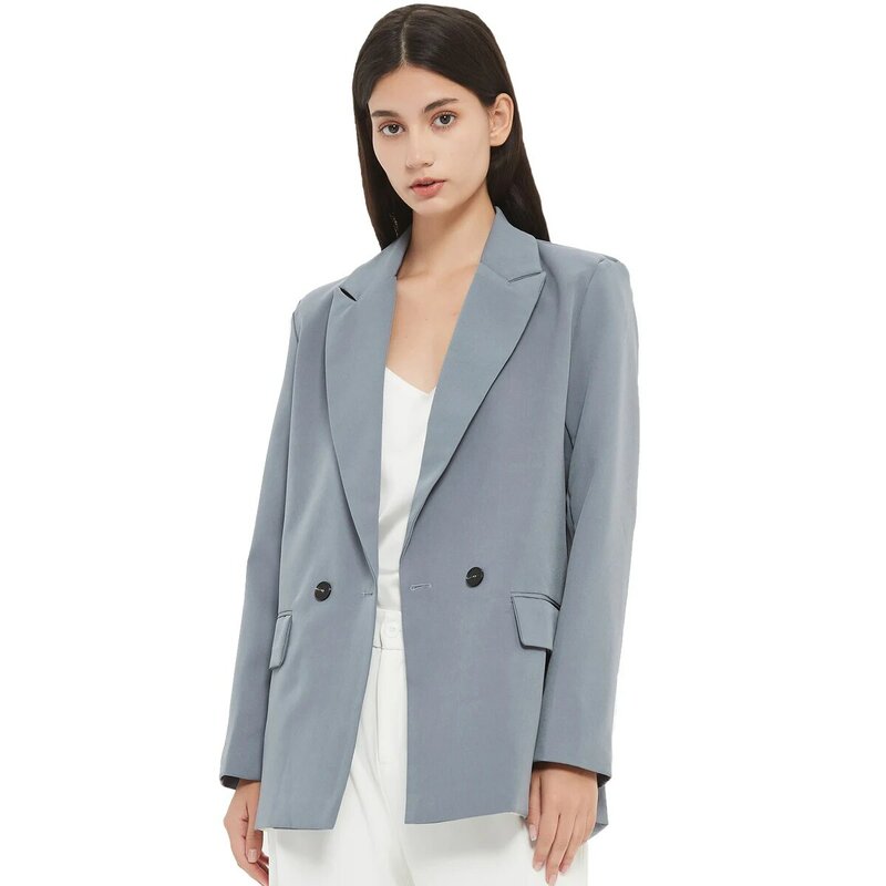 Autumn and spring women's blazer jacket casual solid color double-breasted pocket decorative coat