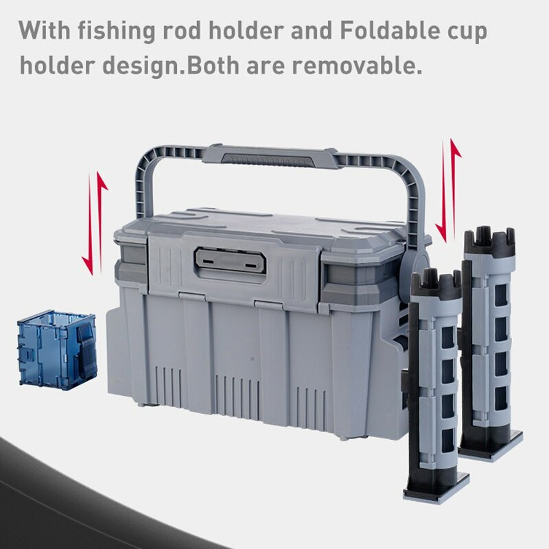 Fishing Tackle Box 19.5L Multifunction Large Capacity Stand Rod Holder Cup Holder High Quality Plastic Handle Fishing Box